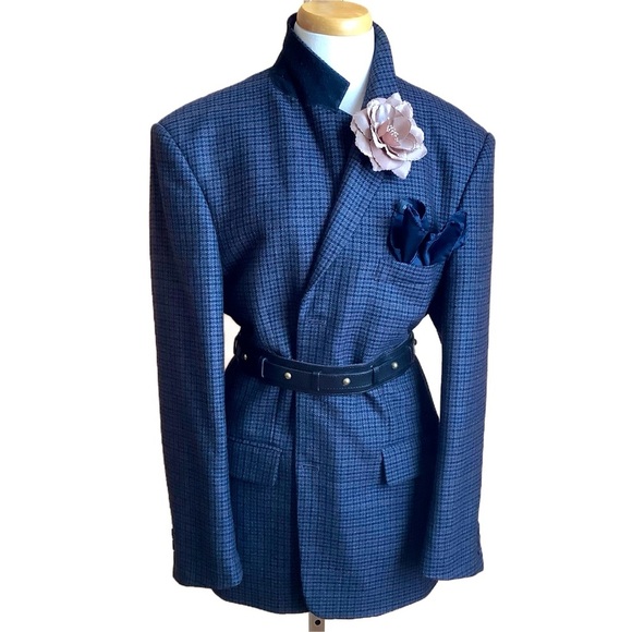 VINTAGE Blue Wool Menswear Oversized Houndstooth Blazer - Picture 1 of 16